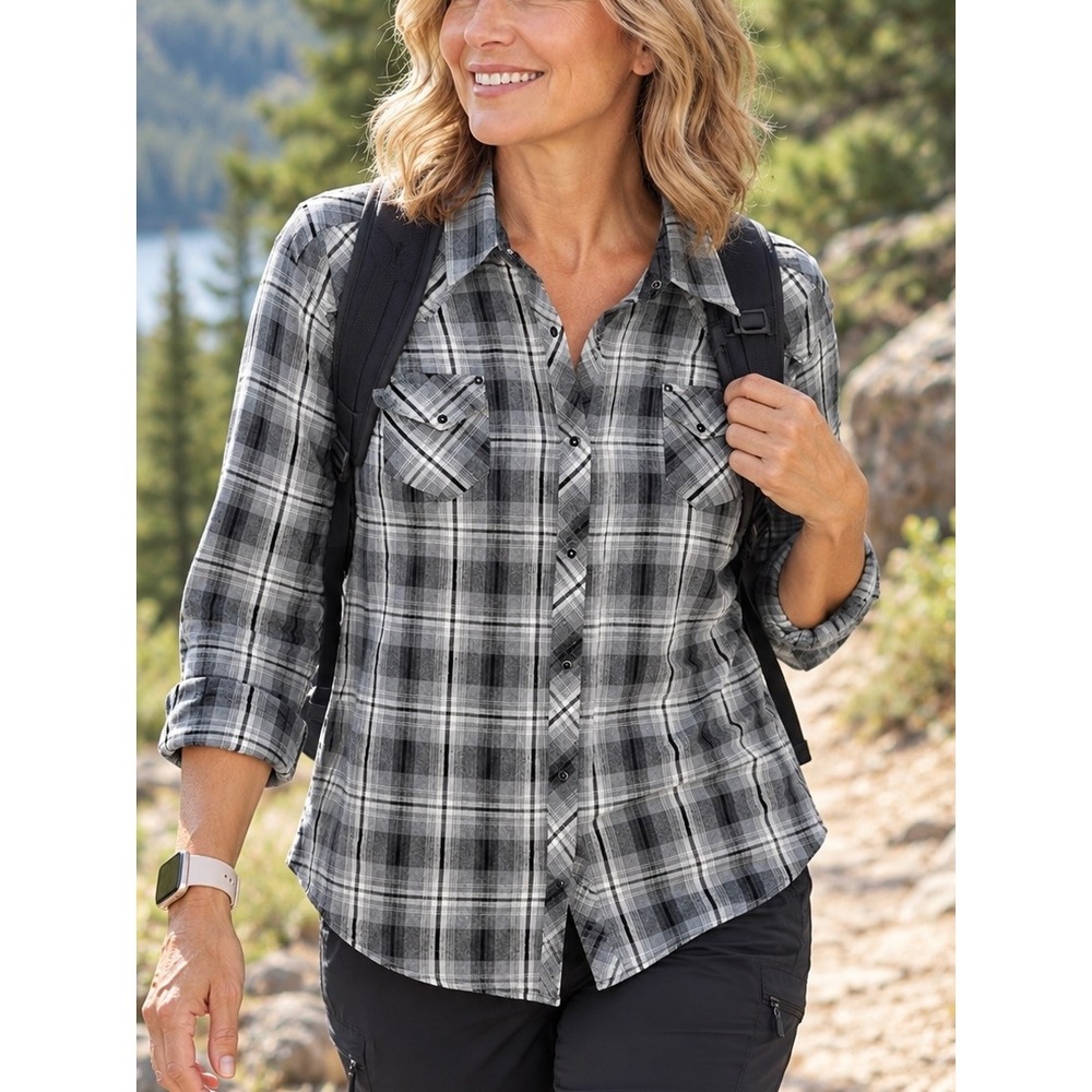 Kuhl Grey Plaid Western Button Down Shirt XL Long Sleeve Snap Pocket Hiking